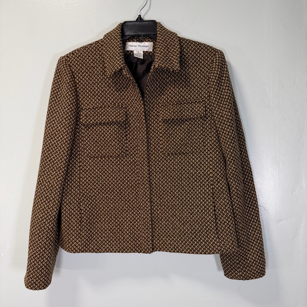 Rena Rowan Vintage Brown and Tan Tweed Patterned Full Zip Blazer Size 8